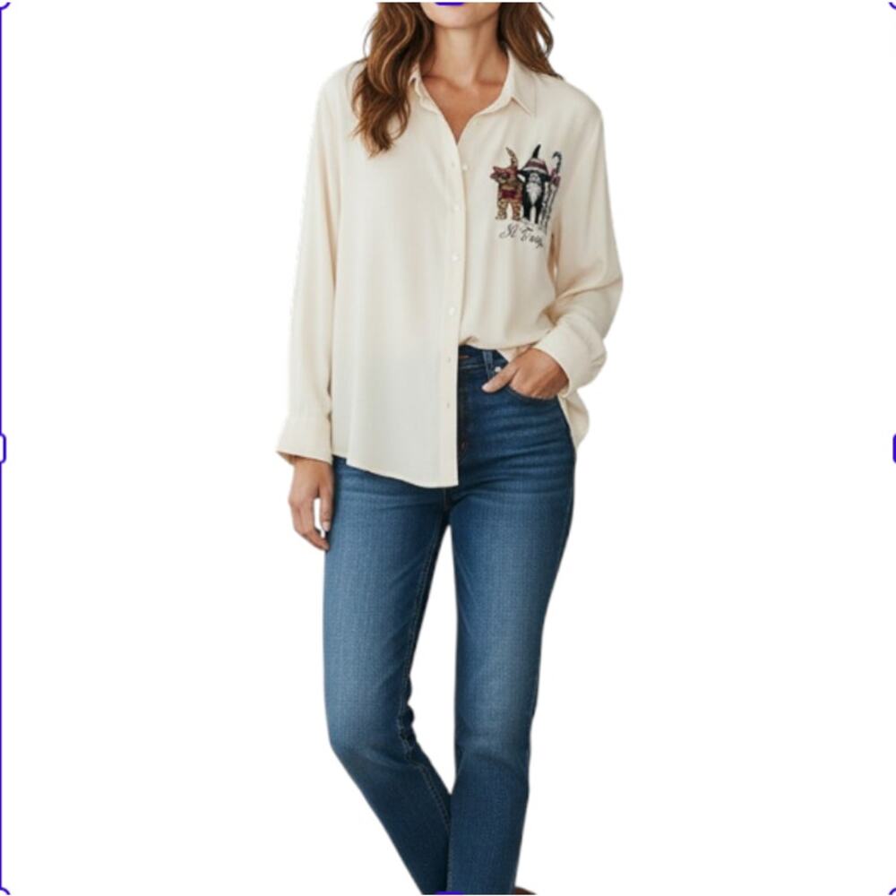 PAOLO SANTINI Pure Silk Cats St Tropez Graphic Blouse- Shirt Sz 8 Cream Unique
